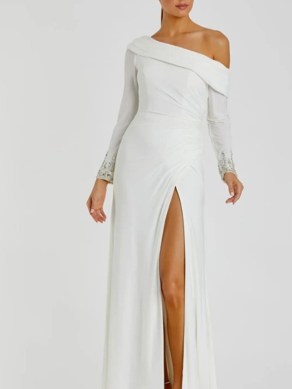 NWT Mac Duggal Beaded Cuff Drop Shoulder Faux Wrap Gown White